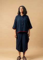 A Model Wearing Blue Organic Cotton Shirin Blue Oversized Shirt, curated by Only Ethikal