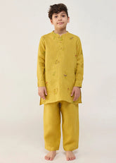 A Model Wearing Yellow Linen Kids Jay Forever Linen Kurta Set- Ochre, curated by Only Ethikal