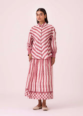 A Model Wearing Multicolor Handwoven Cotton Levin Rhubarb Striped Ikat Skirt, curated by Only Ethikal