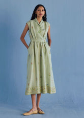 Mema Shawl Collar Printed Linen Dress - Mint