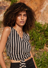 A Model Wearing Black Pure Cotton Knot Of Existence Wrap Top curated by Only Ethikal