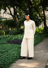 A Model Wearing White Wool White Mahoniacoord Set , curated by Only Ethikal