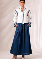 A Model Wearing Multicolor Cotton Twill Cosmo Top + Indigo Rico Pleated Culottes Co-Ord Set, curated by Only Ethikal