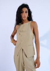 A Model Wearing Brown Linen Linen Round Neck Waistcoat, curated by Only Ethikal