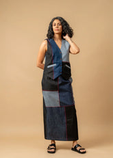 A Model Wearing Blue Denim Francis Denim Patch Waistcoat, curated by Only Ethikal