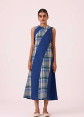 A Model Wearing Blue Linen Waltz Blue Linen Panelled Dress, curated by Only Ethikal