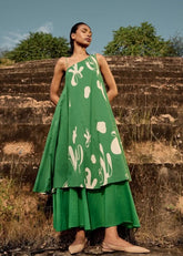 A Model Wearing Green Pure Cotton Crest Dress curated by Only Ethikal