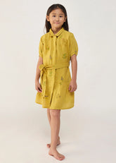 A Model Wearing Yellow Linen Kids Sia Floral Dress- Ochre, curated by Only Ethikal