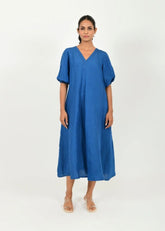 Classic Blue Cotton Dress With Puffed Sleeves