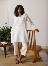 A Model Wearing White Cotton Khadi Morning Light Co-ord Set,curated by Only Ethikal