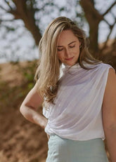 A Model Wearing White Orange fiber Aviva Drap Blouse, curated by Only Ethikal