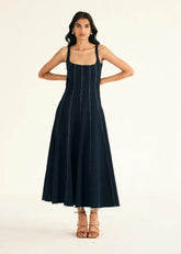 A Model Wearing Blue Denim Blue Denim Midi Dress, curated by Only Ethikal