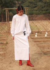 A Model Wearing White Upcycled cotton Astrid White Dress, curated by Only Ethikal