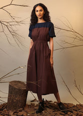 A Model Wearing Brown & Blue, Blue & Brown, Beige & Blue, Green & Brown Pure Cotton Roots Sphara Dress, curated by Only Ethikal