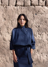 A Model Wearing Blue Cotton Linen Blue Cotton Linen Karma Shirt, curated by Only Ethikal