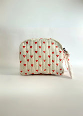 Sustainable Quilted Cotton Travel Pouch- Organizer- Red Hearts On White