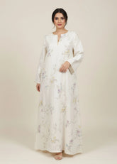 A Model Wearing Multicolor Linen Meadow Print White Jalabiya, created by Only Ethikal