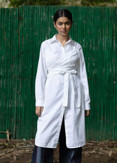 A Model Wearing White Upcycled Fabric Thea Shirt Dress, curated by Only Ethikal
