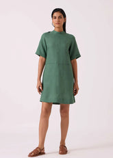 A Model Wearing Green Linen Tula Green Linen Shift Dress, curated by Only Ethikal