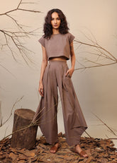 A Model Wearing Beige, Green, Brown, Blue Pure Cotton Roots PL Cowl Pants, curated by Only Ethikal