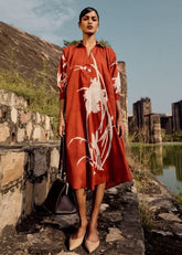 A Model Wearing Red Pure Cotton Eider Dress curated by Only Ethikal
