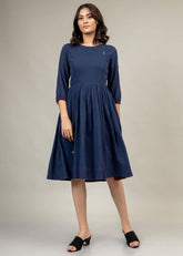 A Model Wearing Blue Upcycled Cotton Luna Blue Dress, curated by Only Ethikal