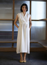 A Model Wearing Ivory Linen Kara Shawl Collar Linen Dress- Ivory, curated by Only Ethikal
