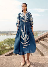 A Model Wearing Blue Pure Cotton Nightingale Dress curated by Only Ethikal