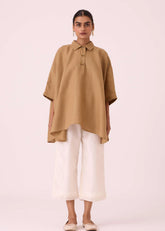 A Model Wearing Brown Linen Liberty Tan Linen Cape Top, curated by Only Ethikal