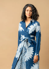 A Model Wearing Blue Cotton Thea Batik Flower Dress, curated by Only Ethikal