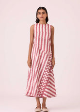 A Model Wearing Multicolor Handwoven Cotton Bennet Rhubarb Striped Ikat Dress, curated by Only Ethikal