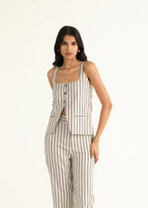 A Model Wearing Beige Linen Beige Linen Striped Waistcoat, curated by Only Ethikal