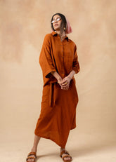 A Model Wearing Orange Organic Cotton Shirin Organic Cotton Skirt, curated by Only Ethikal