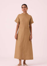 A Model Wearing Brown Linen Salome Tan Linen Dress, curated by Only Ethikal