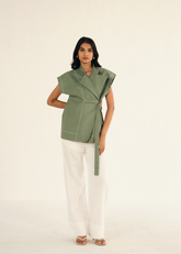 A Model Wearing Green Linen Green Linen Cap Sleeves Jacket & Pant Co-Ord Set, curated by Only Ethikal