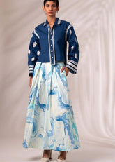 A Model Wearing Multicolor Cotton Twill Indigo Cosmo Top + Rico Pleated Culottes Co-Ord Set, curated by Only Ethikal