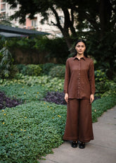 A Model Wearing Brown Wool Brown Mahoniacoord Set , curated by Only Ethikal