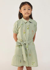 A Model Wearing Mint Linen Kids Sia Floral Dress- Mint, curated by Only Ethikal