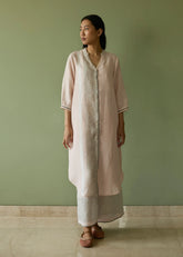 A Model Wearing Pink Linen Mori Border Linen Shirt Kurta Set- Blush, curated by Only Ethikal