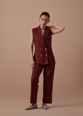 A Model Wearing Maroon Organic Cotton Influence Blazer Set, curated by Only Ethikal