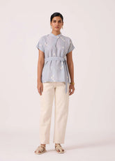 A Model Wearing Multicolor Handwoven Cotton Kitty Blue Ikat Top, curated by Only Ethikal