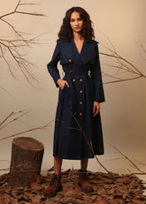 A Model Wearing Blue, Brown, Beige, Green Pure Cotton Roots Trench Dress, curated by Only Ethikal
