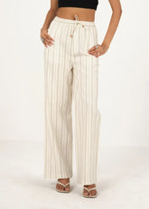 A Model Wearing Off-White Linen Off White Linen Striped Drawstring Pant, curated by Only Ethikal