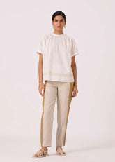 A Model Wearing Off White Cotton Khadi Garcia Handwoven Embroidered Top, curated by Only Ethikal