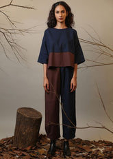 A Model Wearing Blue & Brown Pure Cotton Roots Colour Block Ekin Set (2 PCS), curated by Only Ethikal