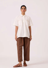 A Model Wearing Off White Cotton Khadi Alyosha Handwoven Embroidered Shirt, curated by Only Ethikal