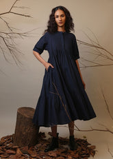 A Model Wearing Blue, Brown, Beige, Green Pure Cotton Roots Raglan Tiered Dress, curated by Only Ethikal