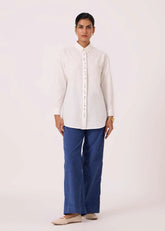 A Model Wearing Off White Cotton Khadi Kerouac Handwoven Embroidered Shirt, curated by Only Ethikal