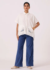 A Model Wearing Off White Cotton Khadi Sibyl Handwoven Embrodiered Shirt, curated by Only Ethikal