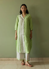 A Model Wearing Green Linen Mori Border Linen Shirt Kurta Set- Meadow, curated by Only Ethikal
